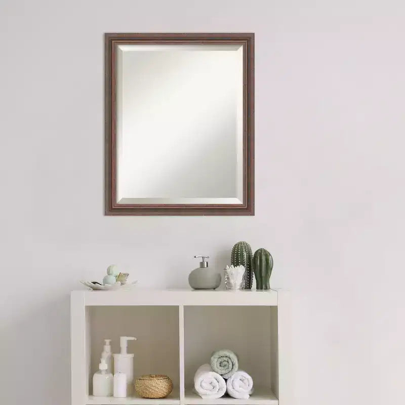 Distressed Rustic Brown Beveled Wood Bathroom Wall Mirror