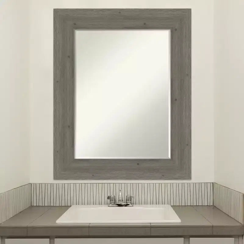 Fencepost Grey Petite Bevel Wood Bathroom Wall Mirror 31 x 25 in.